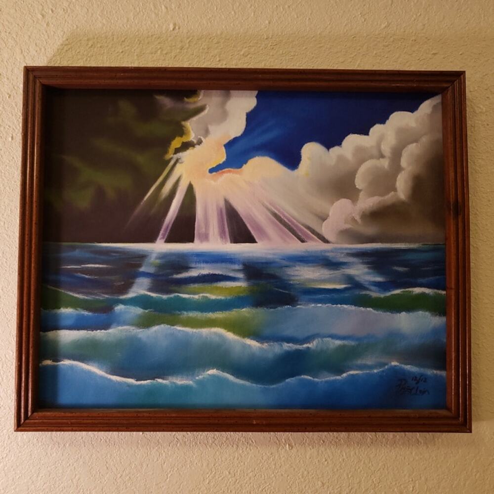 Oil painting, landscape, storm, ocean, framed & signed 20x16 canvas